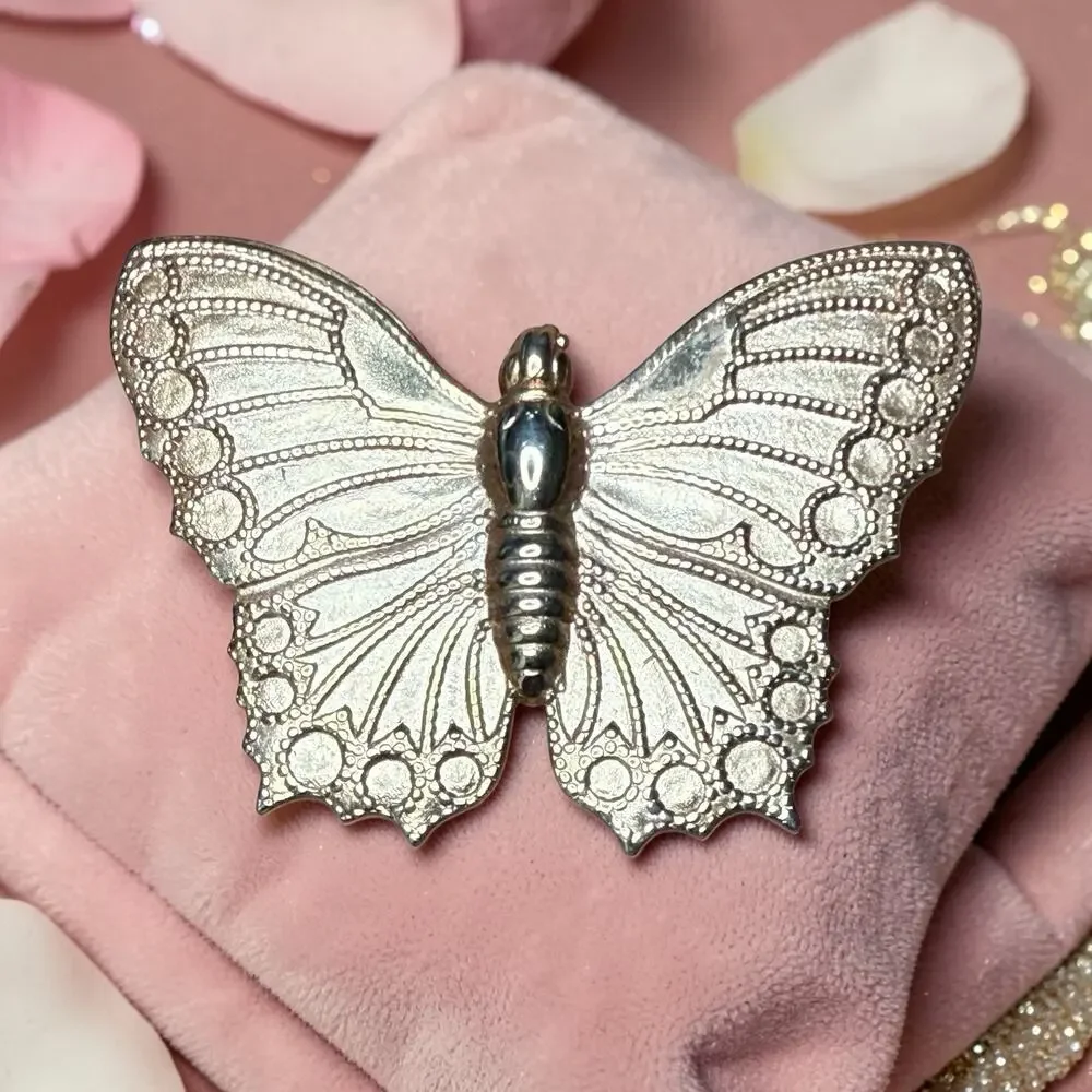Vintage Butterfly Brooch Gold Tone Large Stamped Repousse Style Pin